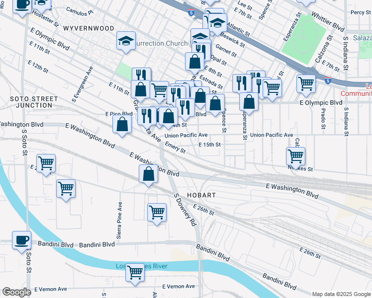 map of restaurants, bars, coffee shops, grocery stores, and more near 3425 Emery Street in Los Angeles