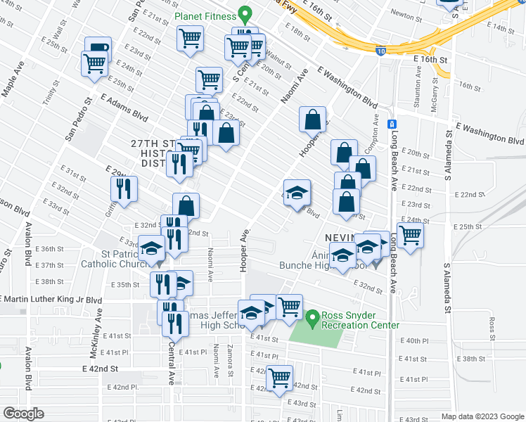 map of restaurants, bars, coffee shops, grocery stores, and more near 2704 Hooper Avenue in Los Angeles