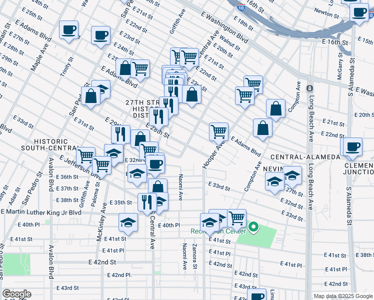 map of restaurants, bars, coffee shops, grocery stores, and more near 2809 East 29th Street in Los Angeles
