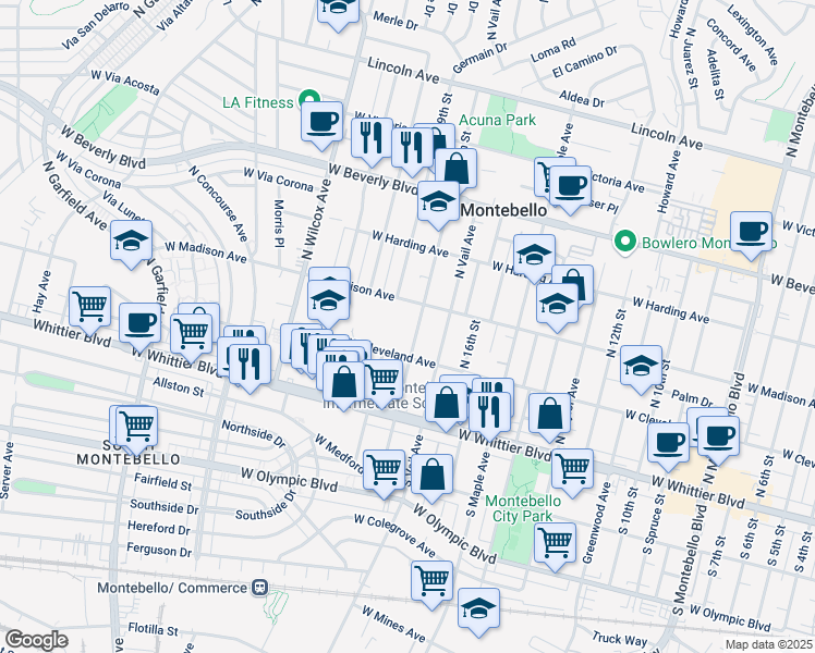 map of restaurants, bars, coffee shops, grocery stores, and more near 227 North 18th Street in Montebello