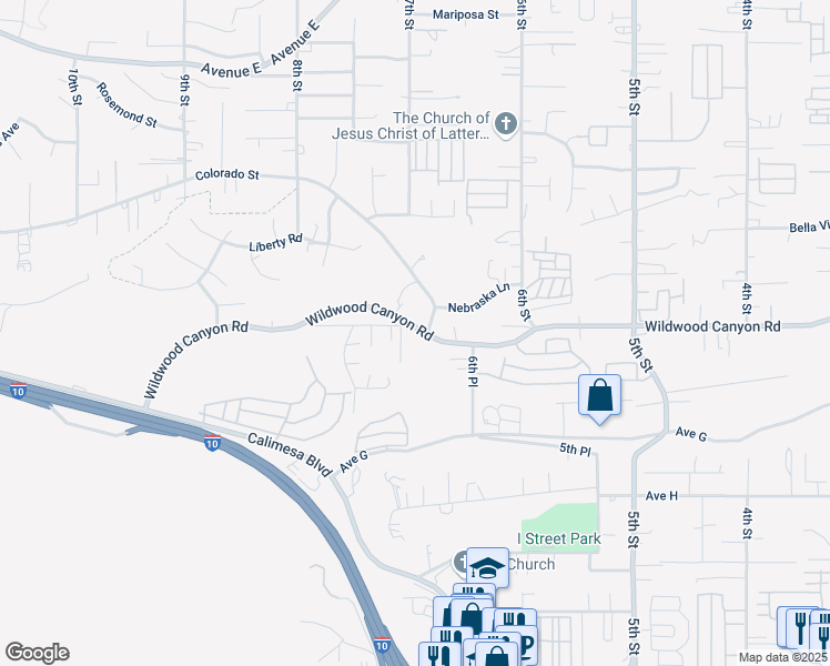 map of restaurants, bars, coffee shops, grocery stores, and more near 33909 Wildwood Canyon Road in Yucaipa