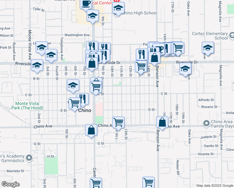 map of restaurants, bars, coffee shops, grocery stores, and more near C Street in Chino