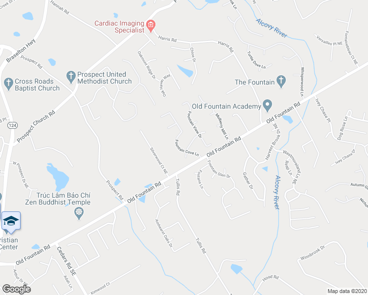 map of restaurants, bars, coffee shops, grocery stores, and more near 1235 Fountain Cove Lane in Lawrenceville