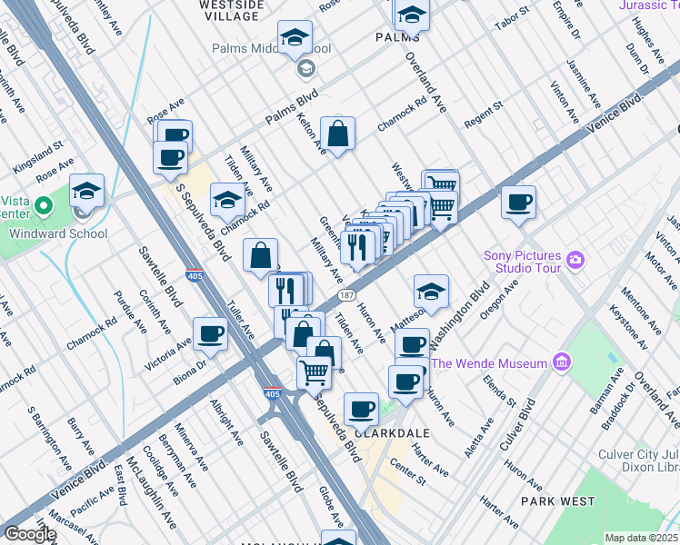 map of restaurants, bars, coffee shops, grocery stores, and more near 3752 Military Avenue in Los Angeles