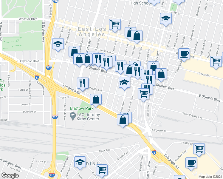 map of restaurants, bars, coffee shops, grocery stores, and more near 1268 South La Verne Avenue in East Los Angeles