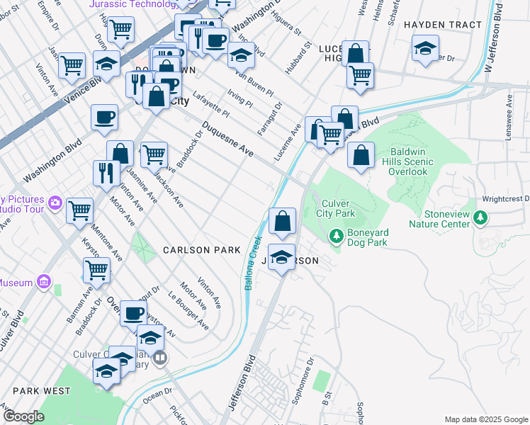 map of restaurants, bars, coffee shops, grocery stores, and more near 4299 Madison Avenue in Culver City