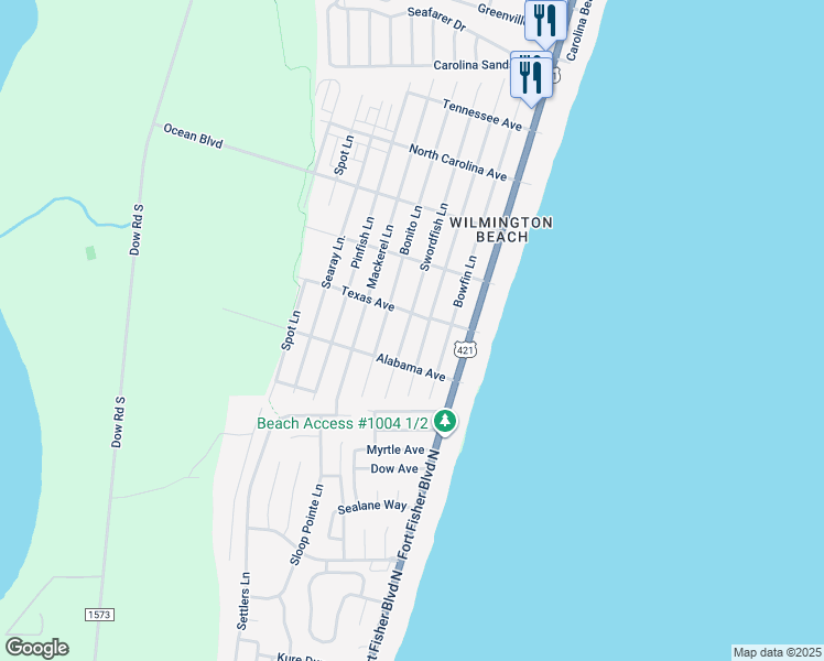 map of restaurants, bars, coffee shops, grocery stores, and more near 1607 Swordfish Lane in Carolina Beach