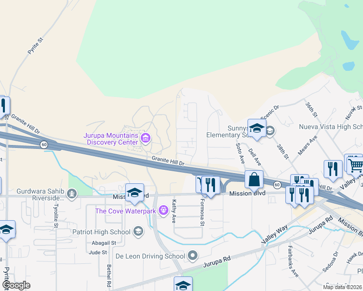 map of restaurants, bars, coffee shops, grocery stores, and more near 7404 Hawkeye Ridge Road in Jurupa Valley