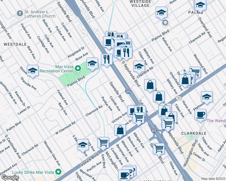 map of restaurants, bars, coffee shops, grocery stores, and more near 3549 Sawtelle Boulevard in Los Angeles