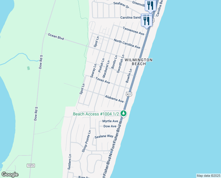 map of restaurants, bars, coffee shops, grocery stores, and more near 1610 Swordfish Lane in Carolina Beach