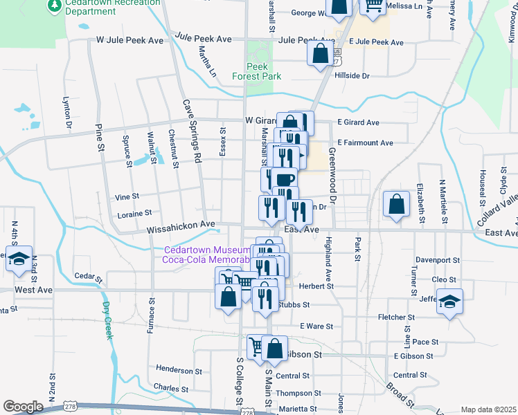 map of restaurants, bars, coffee shops, grocery stores, and more near 127 Marshall Street in Cedartown