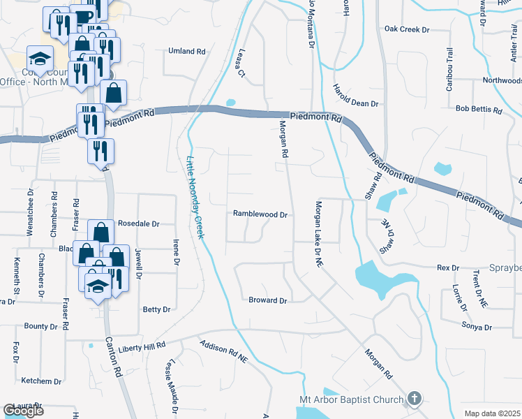 map of restaurants, bars, coffee shops, grocery stores, and more near 1129 Ramblewood Drive in Marietta