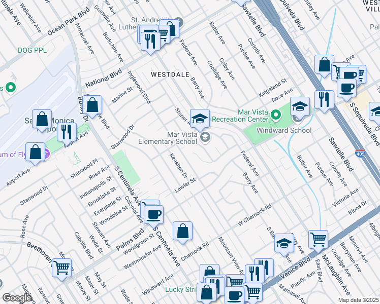 map of restaurants, bars, coffee shops, grocery stores, and more near 11990 Woodbine Street in Los Angeles