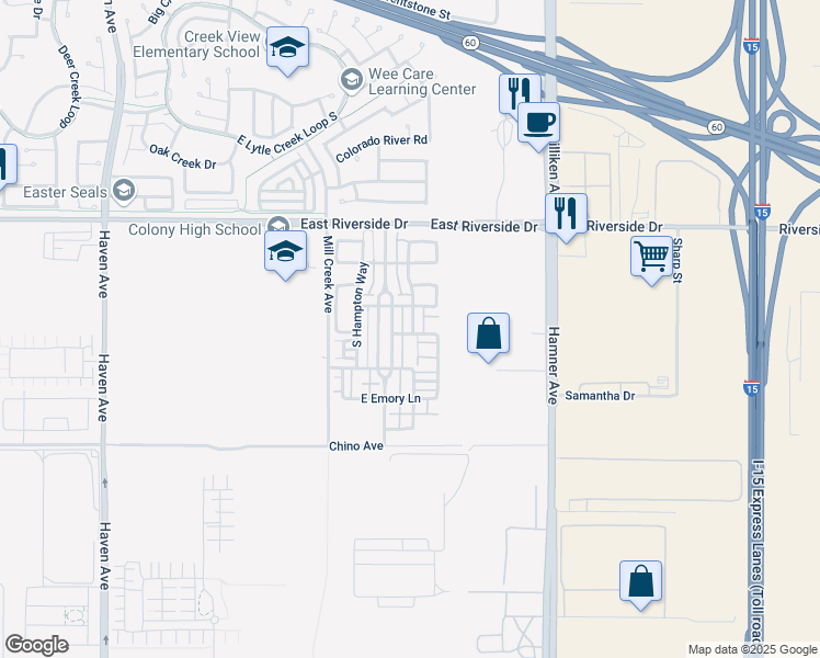 map of restaurants, bars, coffee shops, grocery stores, and more near 3178A South Cambridge Drive in Ontario