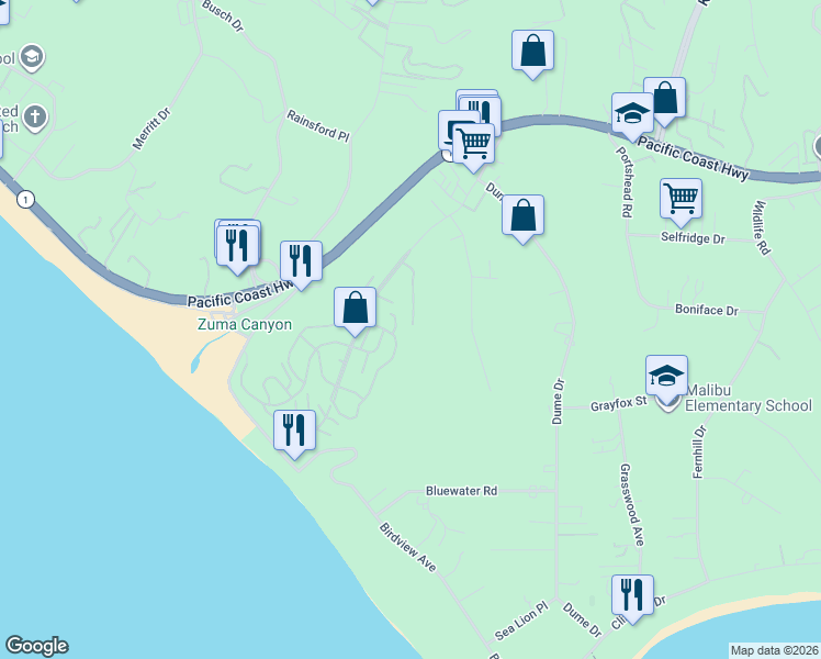 map of restaurants, bars, coffee shops, grocery stores, and more near 29500 Heathercliff Road in Malibu