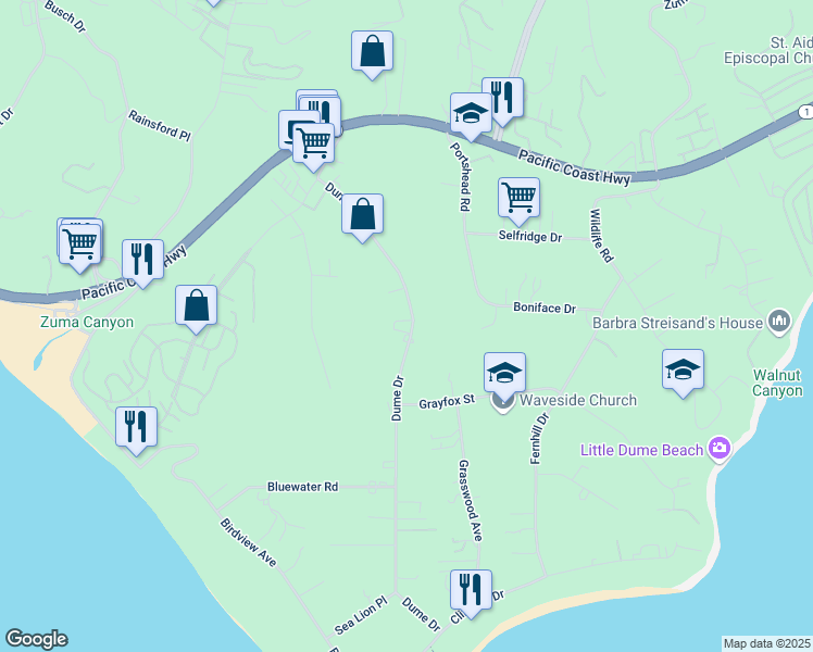 map of restaurants, bars, coffee shops, grocery stores, and more near 6755 Dume Drive in Malibu