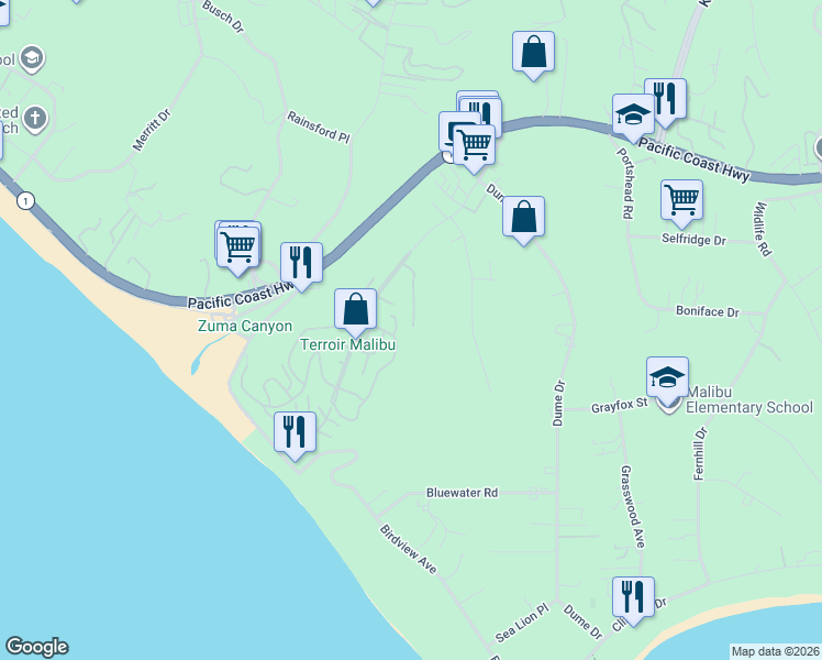 map of restaurants, bars, coffee shops, grocery stores, and more near Callinnria Way in Malibu