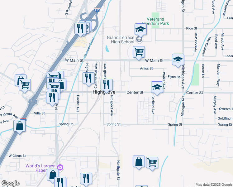 map of restaurants, bars, coffee shops, grocery stores, and more near 918 Center Street in Riverside