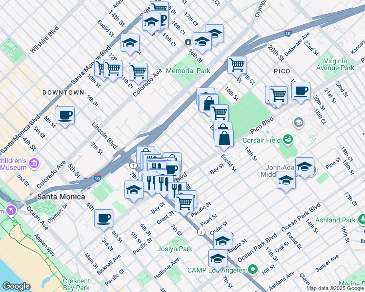 map of restaurants, bars, coffee shops, grocery stores, and more near 1833 11th Street in Santa Monica
