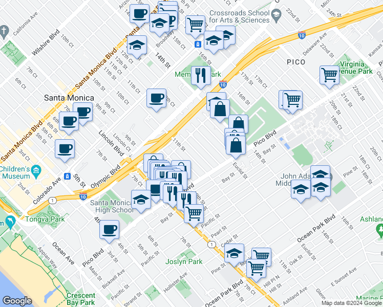 map of restaurants, bars, coffee shops, grocery stores, and more near 1833 11th Street in Santa Monica
