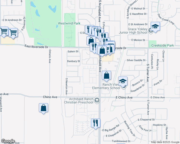 map of restaurants, bars, coffee shops, grocery stores, and more near 13150 South Archibald Avenue in Ontario
