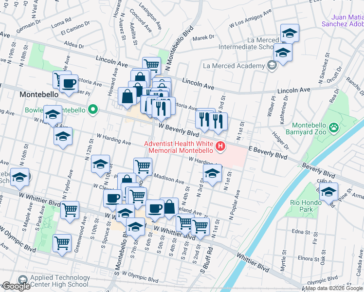 map of restaurants, bars, coffee shops, grocery stores, and more near 412 North 6th Street in Montebello