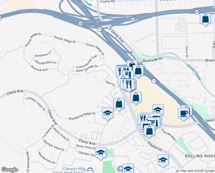 map of restaurants, bars, coffee shops, grocery stores, and more near 13115 Le Parc Boulevard in Chino Hills