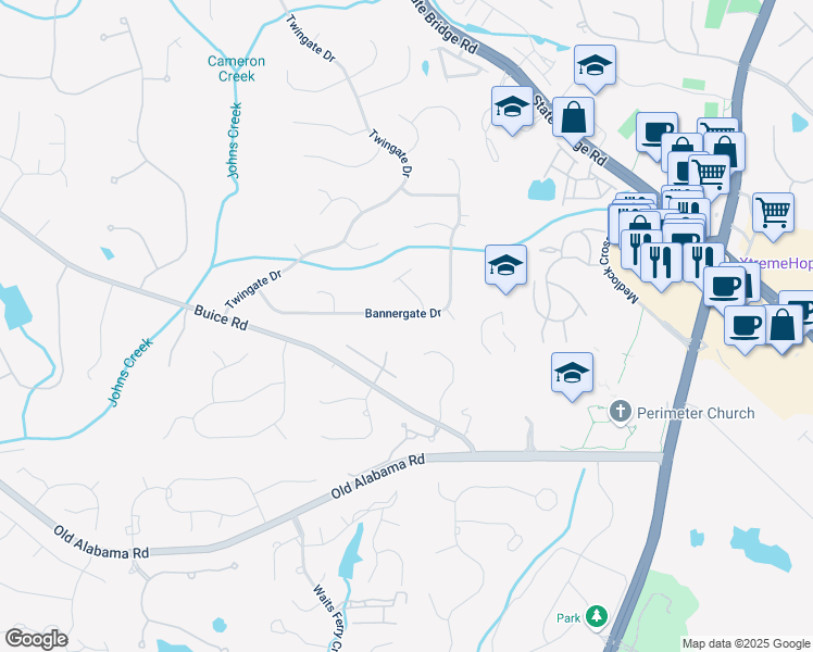 map of restaurants, bars, coffee shops, grocery stores, and more near 5365 Bannergate Drive in Alpharetta
