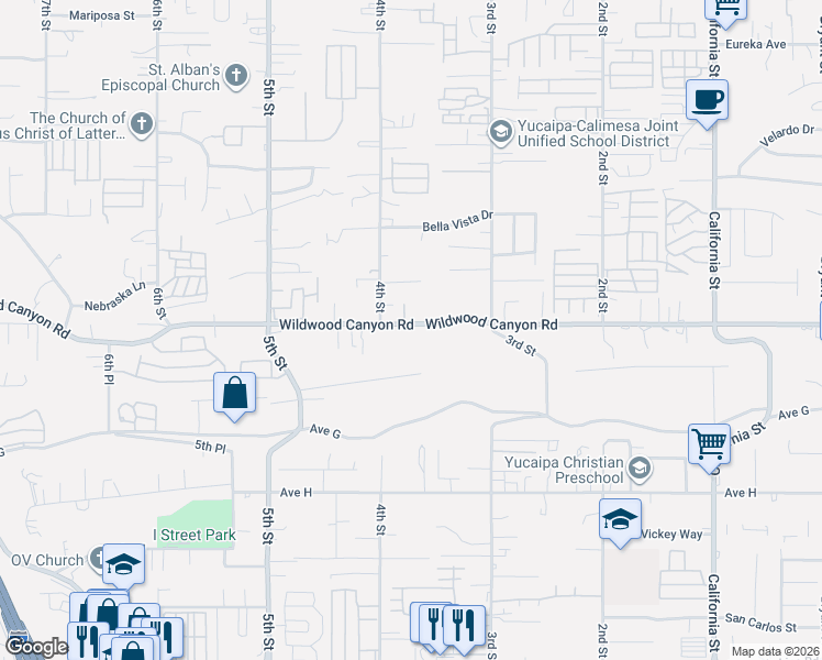 map of restaurants, bars, coffee shops, grocery stores, and more near 34567 Wildwood Canyon Road in Yucaipa