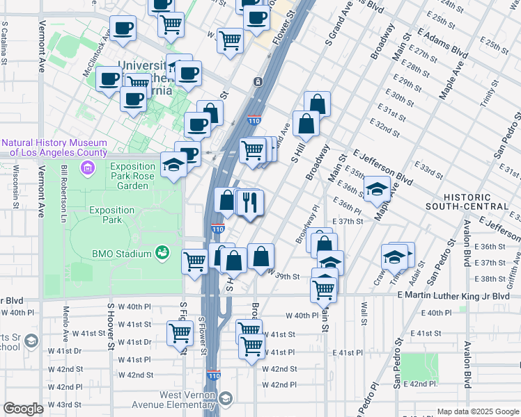 map of restaurants, bars, coffee shops, grocery stores, and more near 3751 South Hill Street in Los Angeles