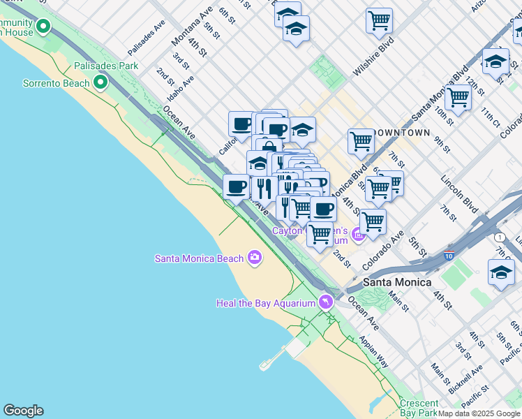 map of restaurants, bars, coffee shops, grocery stores, and more near 264 Ocean Avenue in Santa Monica