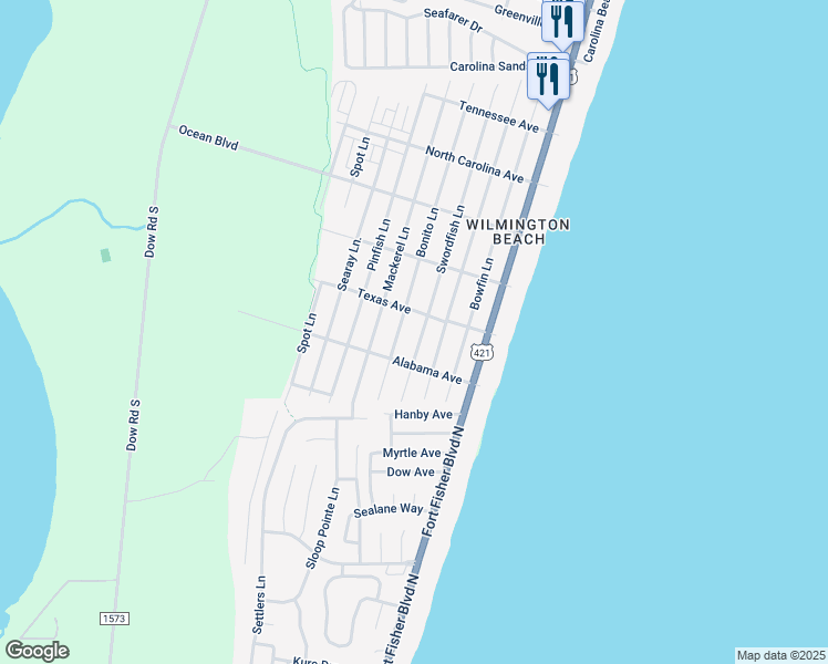 map of restaurants, bars, coffee shops, grocery stores, and more near 1610 Swordfish Lane in Carolina Beach