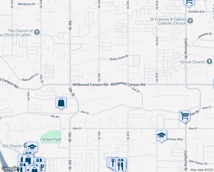 map of restaurants, bars, coffee shops, grocery stores, and more near 34567 Wildwood Canyon Road in Yucaipa