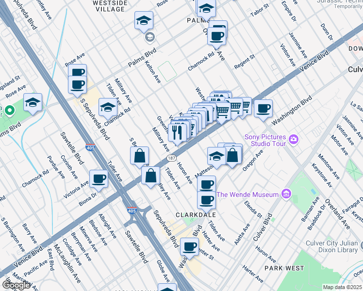 map of restaurants, bars, coffee shops, grocery stores, and more near 10937 Venice Boulevard in Los Angeles
