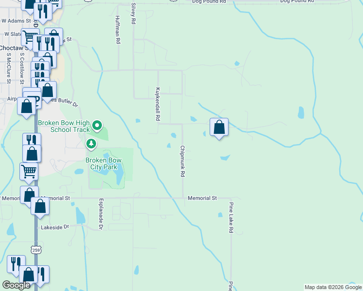 map of restaurants, bars, coffee shops, grocery stores, and more near 1100 Kuykendall Road in Broken Bow