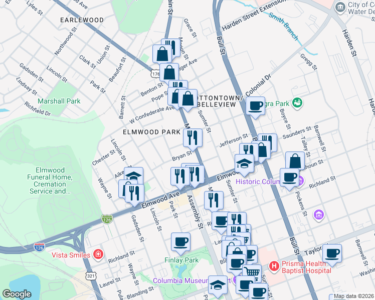 map of restaurants, bars, coffee shops, grocery stores, and more near 1127 Bryan Street in Columbia