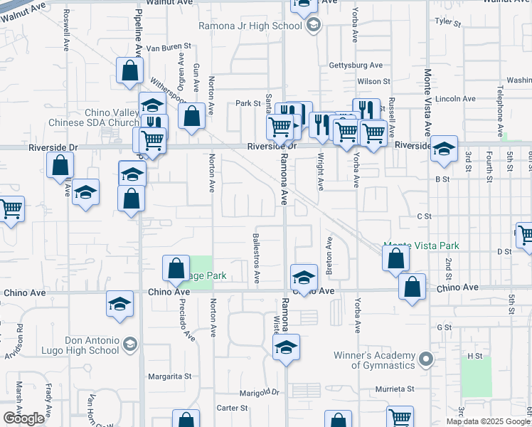 map of restaurants, bars, coffee shops, grocery stores, and more near 13095 Harrisburg Court in Chino