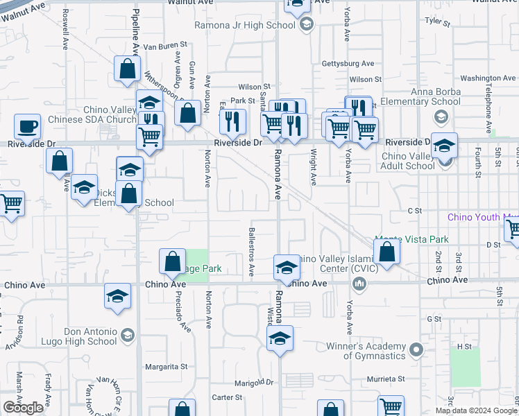 map of restaurants, bars, coffee shops, grocery stores, and more near 13095 Harrisburg Court in Chino
