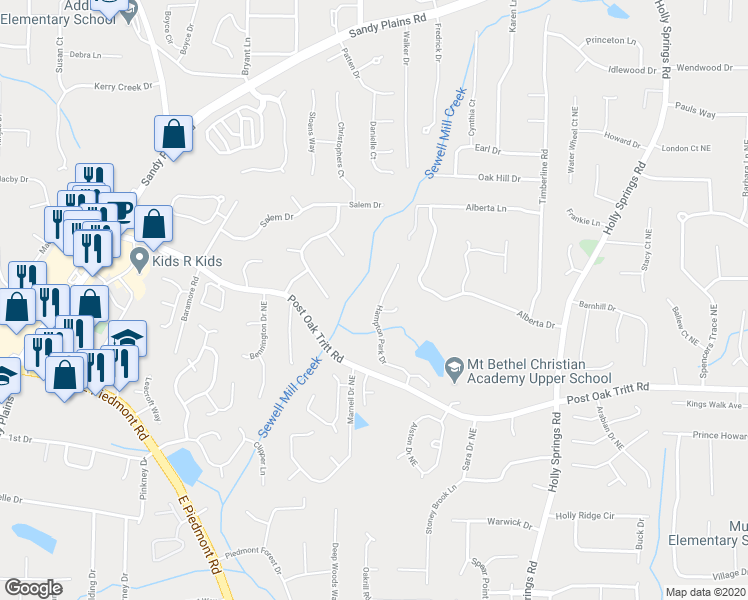 map of restaurants, bars, coffee shops, grocery stores, and more near 2667 Hampton Park Drive in Marietta