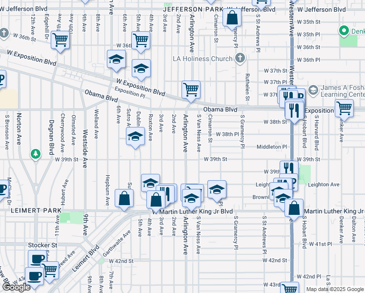 map of restaurants, bars, coffee shops, grocery stores, and more near 3875 Arlington Avenue in Los Angeles
