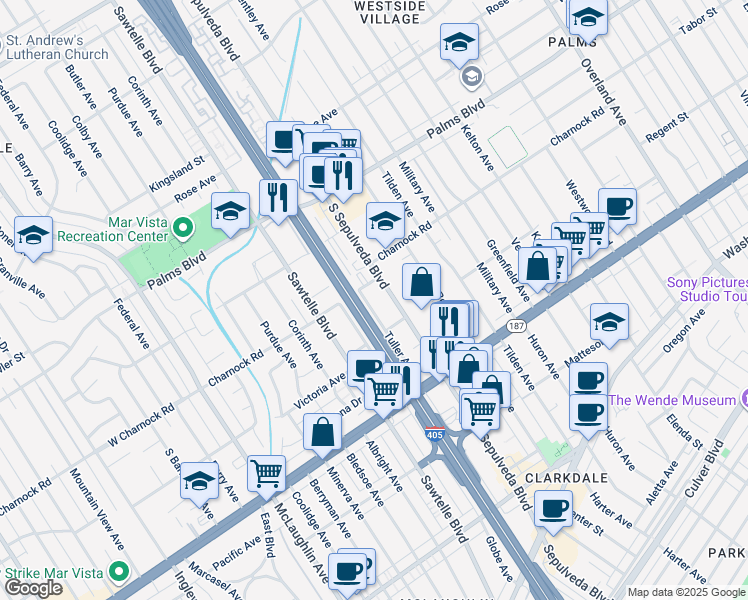 map of restaurants, bars, coffee shops, grocery stores, and more near 3620 Tuller Avenue in Los Angeles