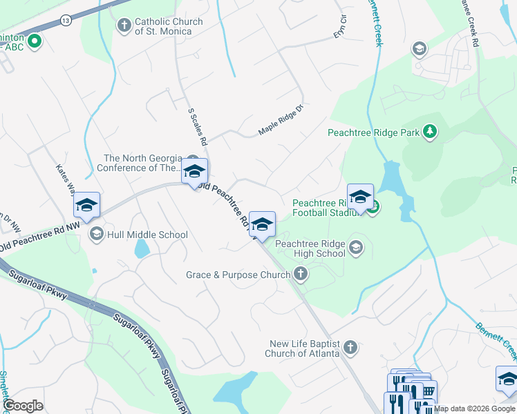 map of restaurants, bars, coffee shops, grocery stores, and more near 1675 Old Peachtree Road Northwest in Suwanee