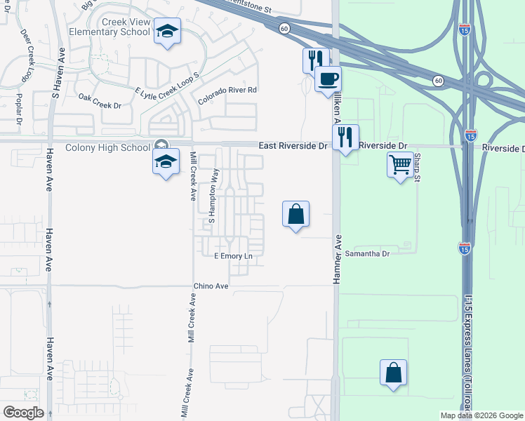 map of restaurants, bars, coffee shops, grocery stores, and more near 4079 East Cottage Way in Ontario