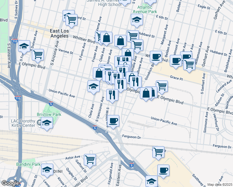 map of restaurants, bars, coffee shops, grocery stores, and more near 1225 South Atlantic Boulevard in East Los Angeles