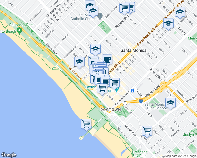 map of restaurants, bars, coffee shops, grocery stores, and more near 1350 2nd Court in Santa Monica