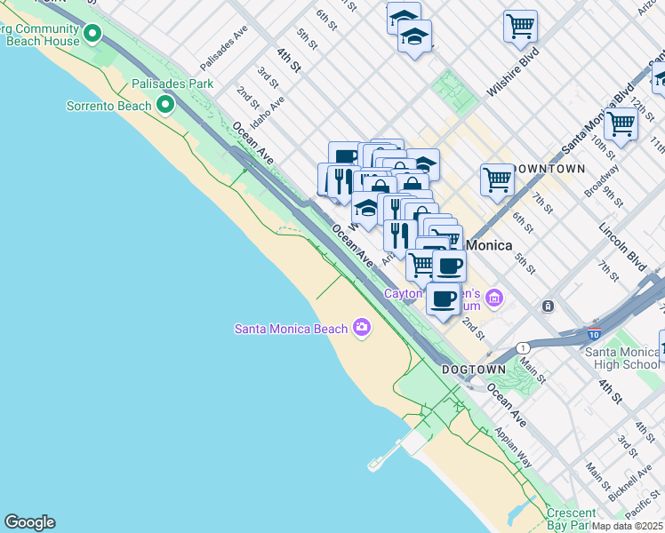map of restaurants, bars, coffee shops, grocery stores, and more near 1755 Ocean Avenue in Santa Monica