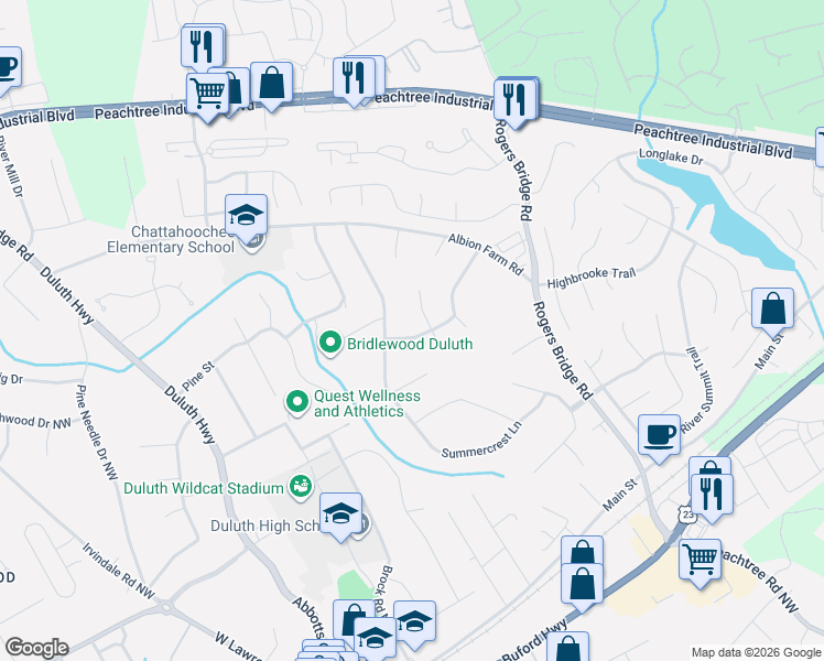 map of restaurants, bars, coffee shops, grocery stores, and more near 2801 Old Coach Road in Duluth