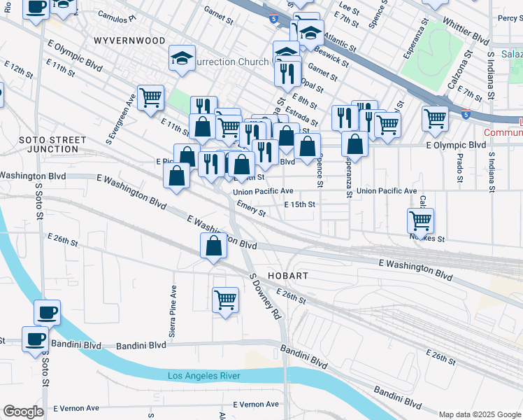 map of restaurants, bars, coffee shops, grocery stores, and more near 3408 East 15th Street in Los Angeles