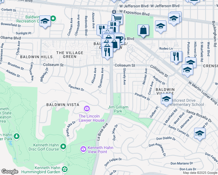 map of restaurants, bars, coffee shops, grocery stores, and more near 3910 South Orange Drive in Los Angeles