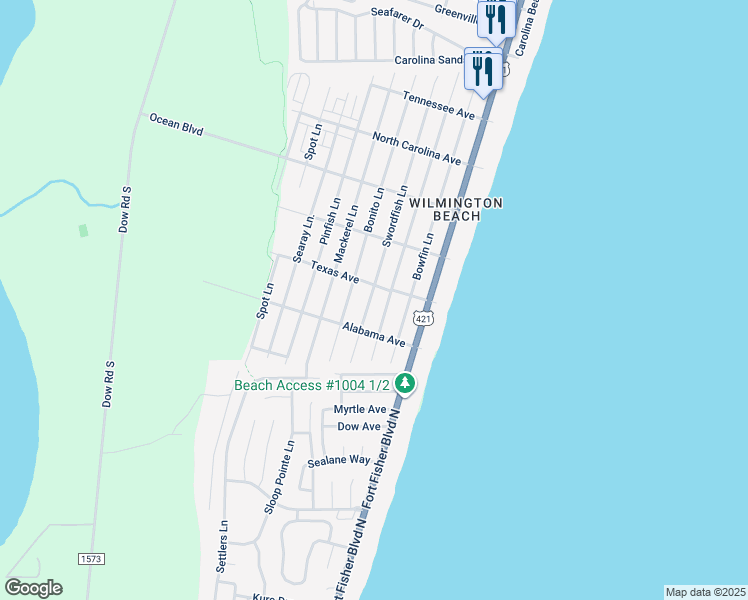map of restaurants, bars, coffee shops, grocery stores, and more near 1607 Swordfish Lane in Carolina Beach